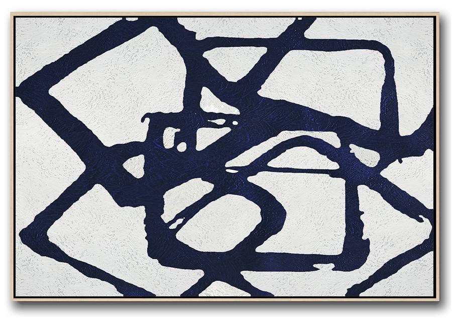 Horizontal Navy Painting Abstract Minimalist Art On Canvas - Abstract Teal Art Huge